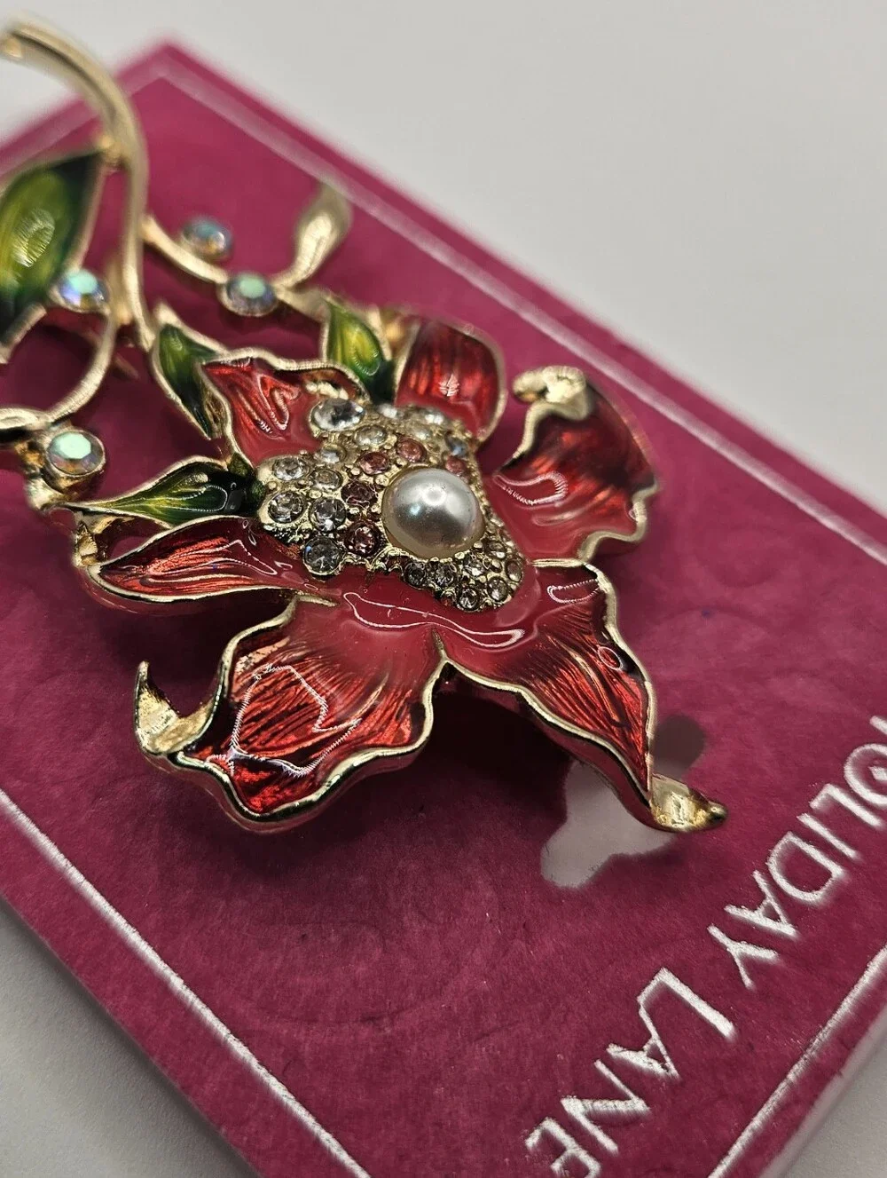 Holiday Lane Red Enamel Flower Brooch Pin Faux Pearl Rhinestone Christmas Jewelr